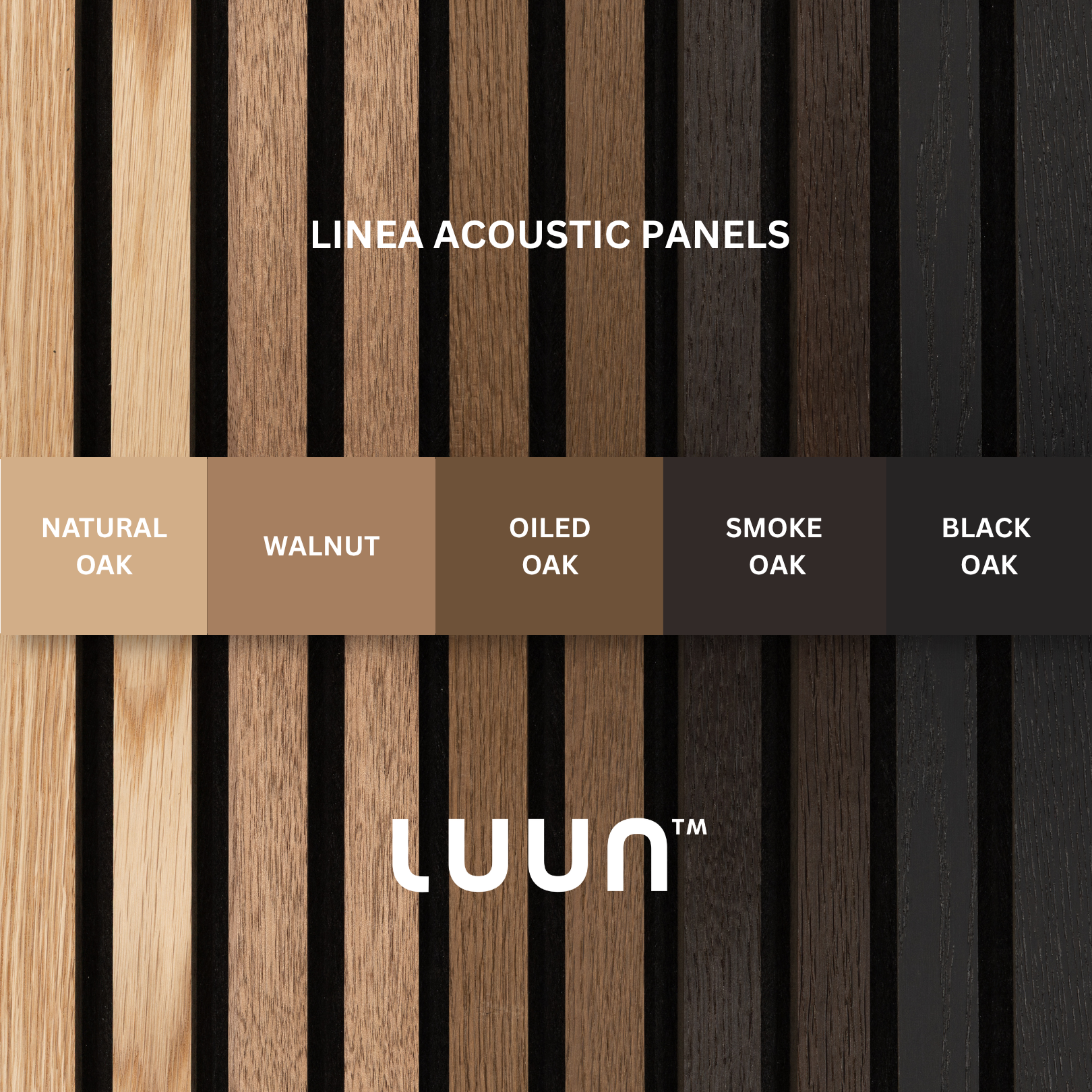 Linea Acoustic Panels by Luun with various wood finishes and color swatches.