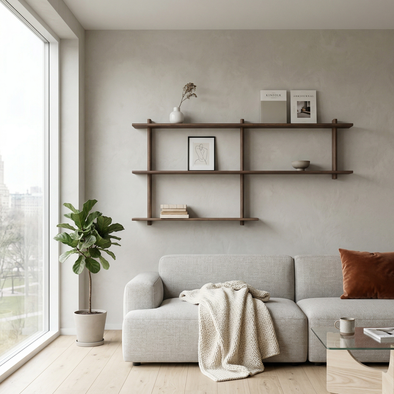 Wooden wall shelf with three shelves on a white background