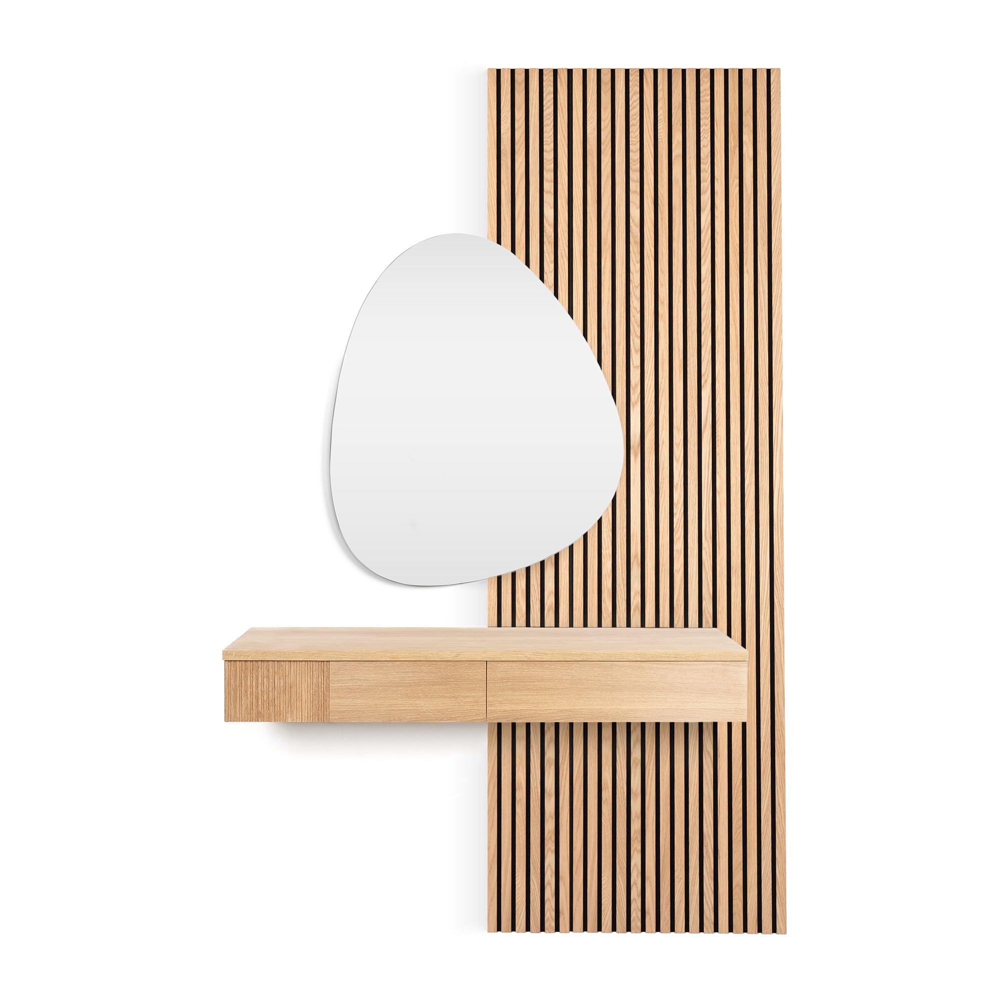 Modern wall-mounted dresser table, acoustic wall panels and organic mirror on white background