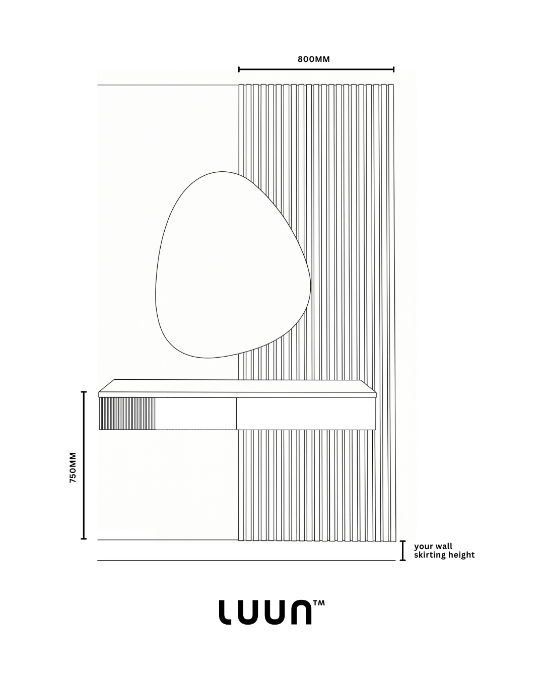 Technical drawing of a wall-mounted vanity and mirror combo with dimensions and 'LUUN' branding.
